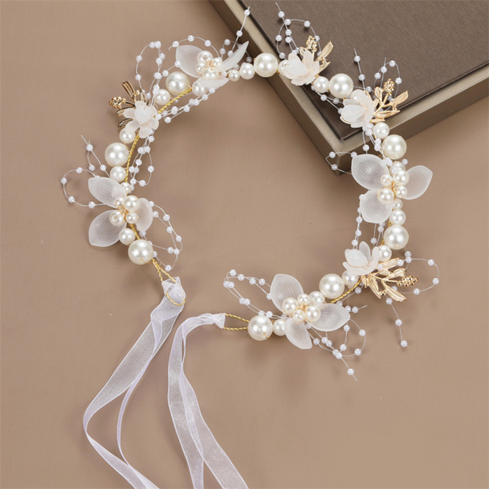 Bohemian Spring Bridal Pearl Hair Headdress Flower Wreath Bride Garland Head Hoop Headbands Girls H 6