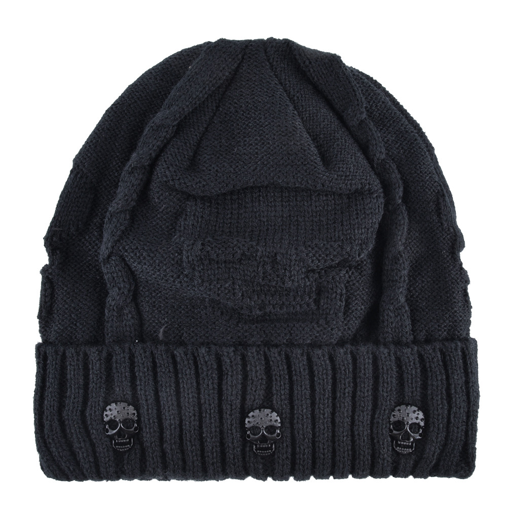 Winter Beanies Men Knitted Skull Pattern Solid Color Hat With Metal Skulls Skullies Beanies Men's Knit Thick Hats