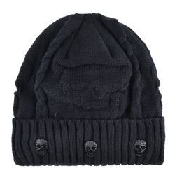 winter beanies men knitted skull pattern solid color hat with metal skulls skullies beanies men's knit thick hats