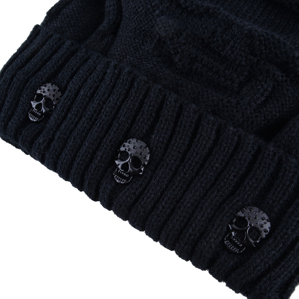 Winter Beanies Men Knitted Skull Pattern Solid Color Hat With Metal Skulls Skullies Beanies Men's Knit Thick Hats
