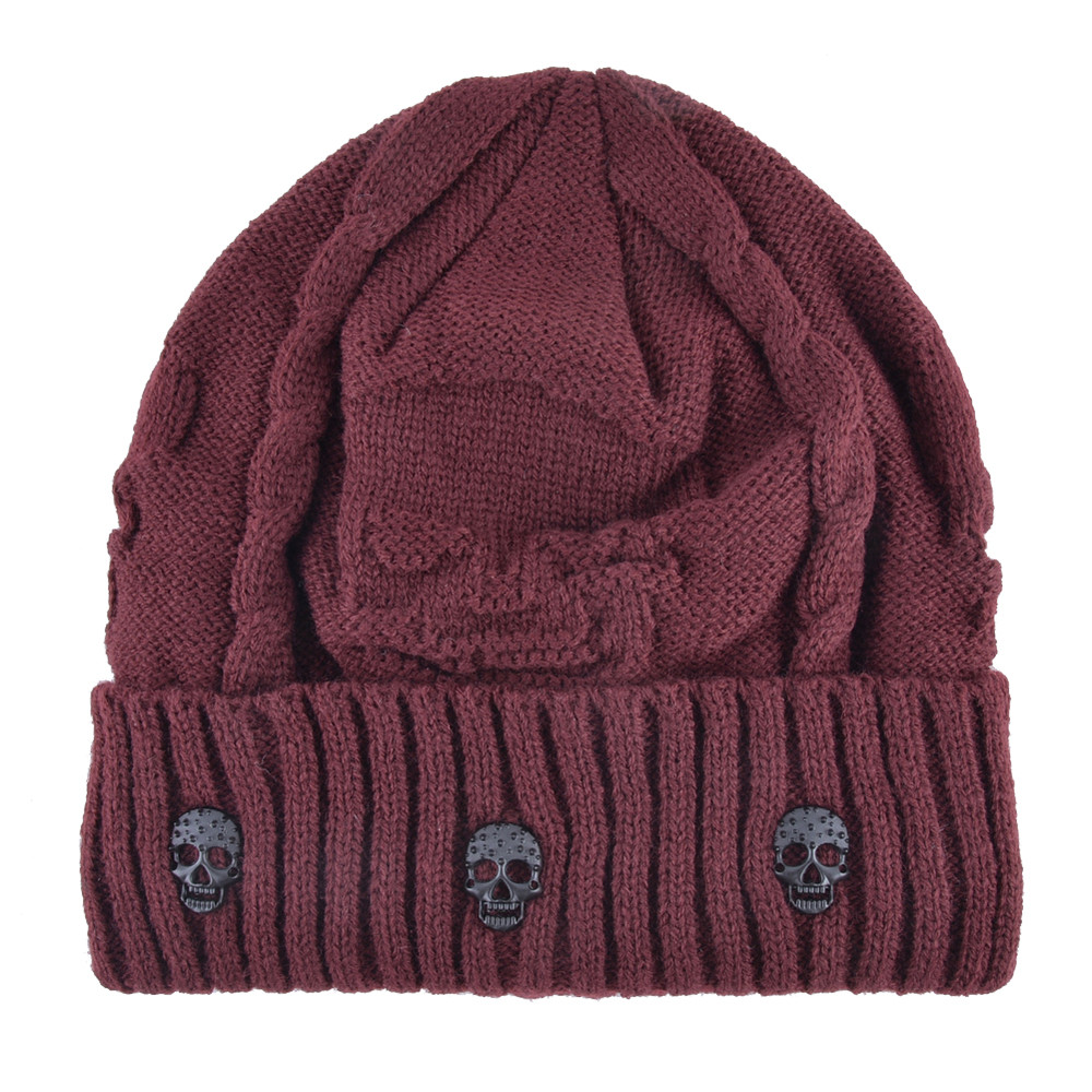 Winter Beanies Men Knitted Skull Pattern Solid Color Hat With Metal Skulls Skullies Beanies Men's Knit Thick Hats