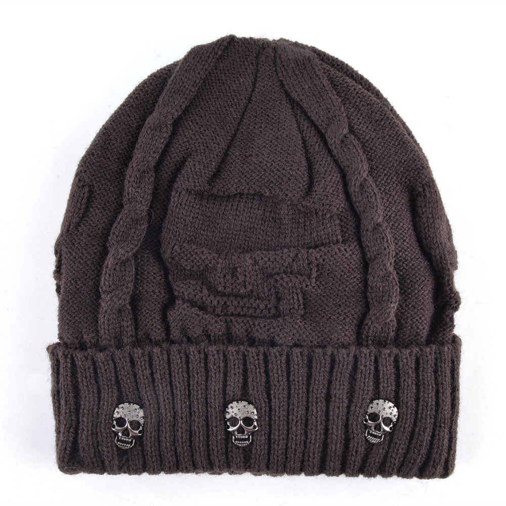 Winter Beanies Men Knitted Skull Pattern Solid Color Hat With Metal Skulls Skullies Beanies Men's Knit Thick Hats