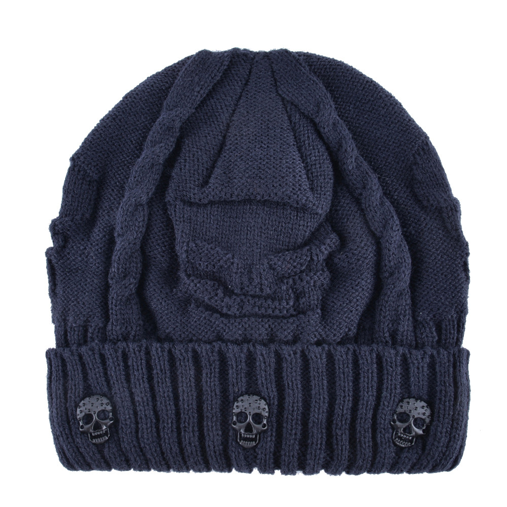 Winter Beanies Men Knitted Skull Pattern Solid Color Hat With Metal Skulls Skullies Beanies Men's Knit Thick Hats