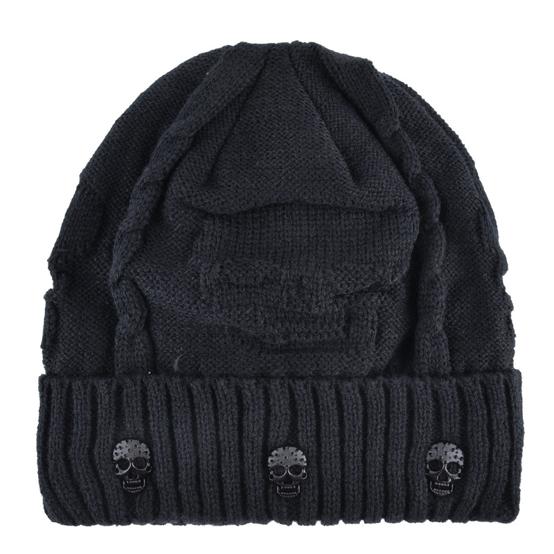 Winter Beanies Men Knitted Skull Pattern Solid Color Hat With Metal Skulls Skullies Beanies Men's Knit Thick Hats
