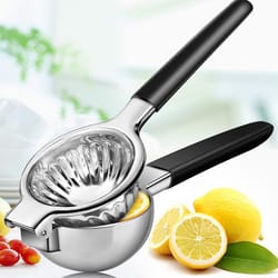 manual citrus juicer durable metal, lemonsqueezerstainless steel large, premiumquality silver juicing bowl, non slipgrip