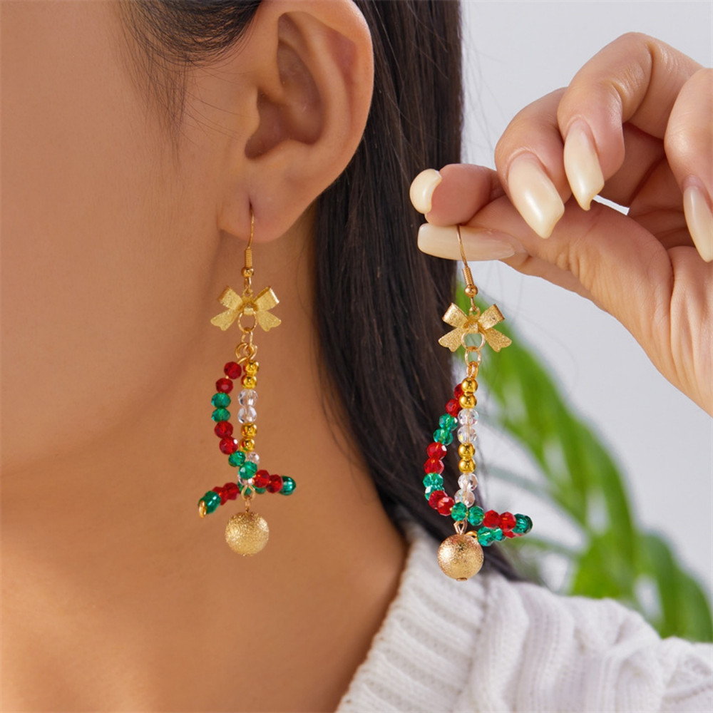 Creative Christmas Rice Crystal Bead Bowknot Snowflake Bells Drop Earrings Unique Xmas Paert Holida 0