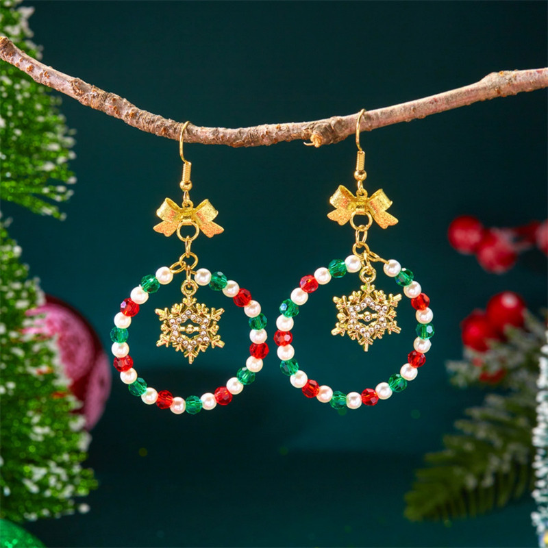 Creative Christmas Rice Crystal Bead Bowknot Snowflake Bells Drop Earrings Unique Xmas Paert Holida 2