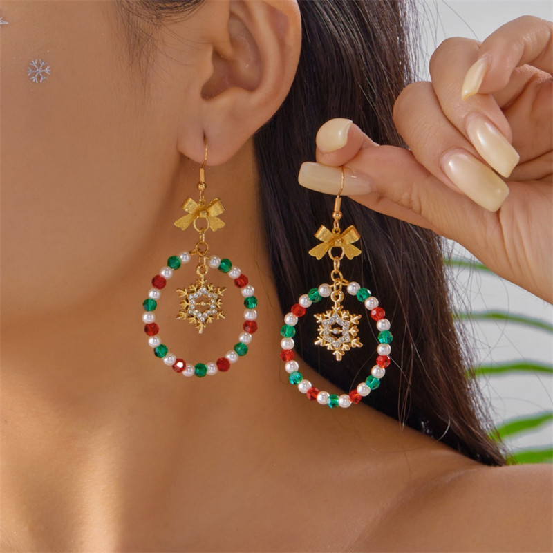 Creative Christmas Rice Crystal Bead Bowknot Snowflake Bells Drop Earrings Unique Xmas Paert Holida 5