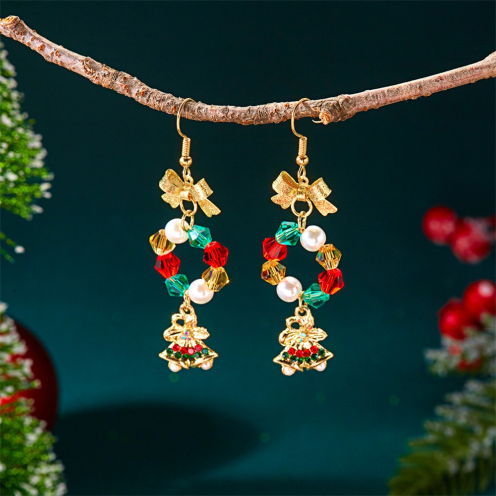 Creative Christmas Rice Crystal Bead Bowknot Snowflake Bells Drop Earrings Unique Xmas Paert Holida 3