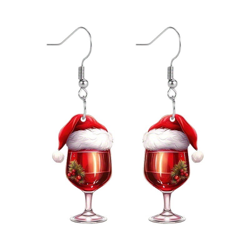 Christmas Hat Red Wine Glass Earrings, Acrylic Holiday Party Gift for Women