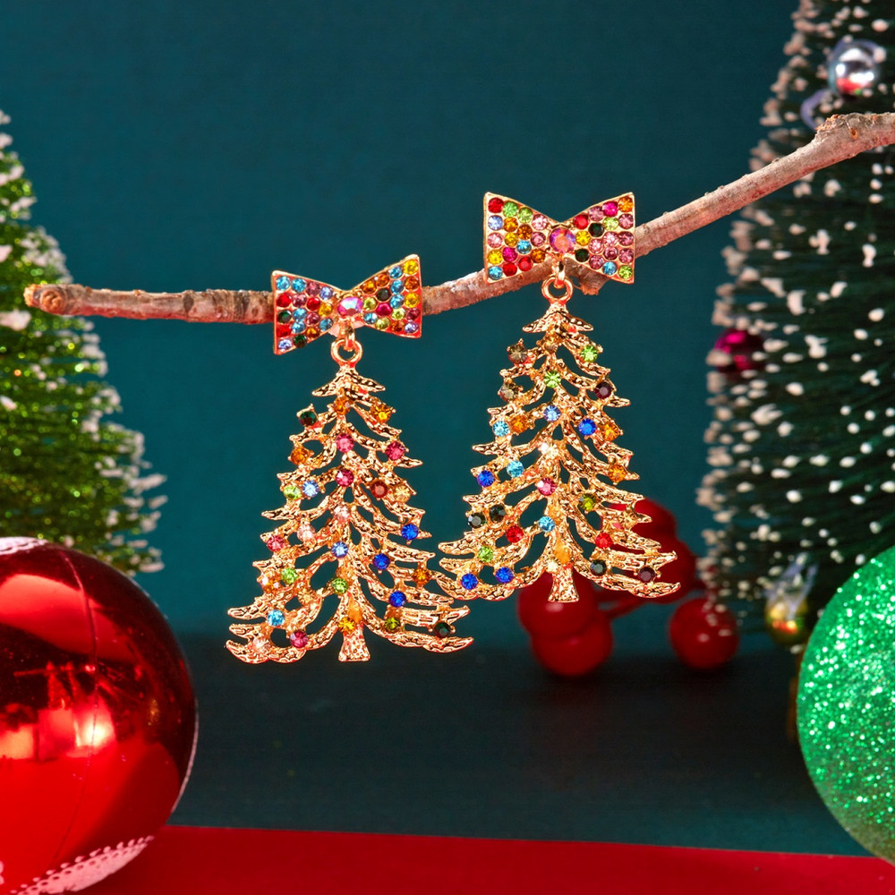 Exquisite Christmas Tree Drop Earrings Colorful Rhinestone Bowknot Jewelry For Women Men 3