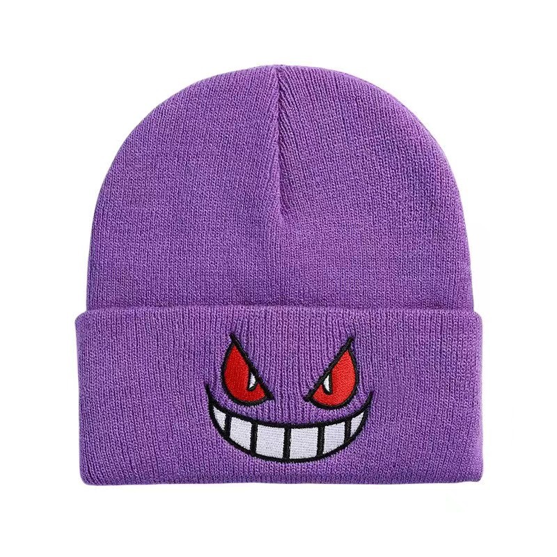 American Anime Cartoon Embroidered Hat, Knitted Autumn Winter Warm Wool Hat, Cartoon Embroidered Beanies, Gengar Beanies