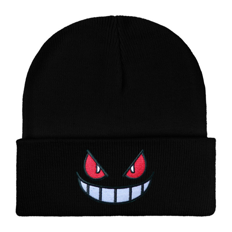 American Anime Cartoon Embroidered Hat, Knitted Autumn Winter Warm Wool Hat, Cartoon Embroidered Beanies, Gengar Beanies