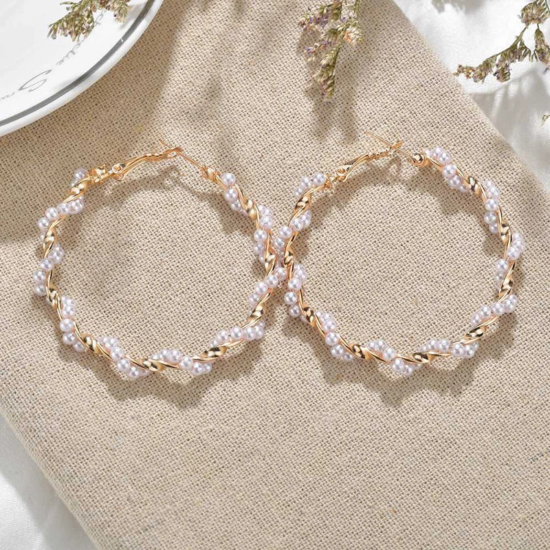 Luxury Pearl Round Loop Earring for Women, Imitation Pearl Large Hoops, Wedding Creole Jewelry, Pendientes Aros