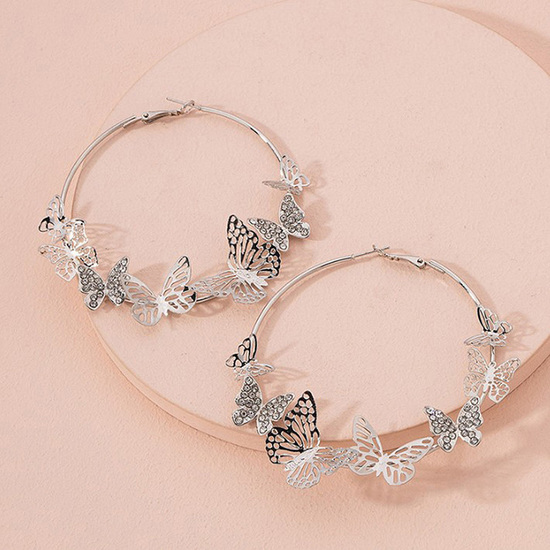 Stylish Golden Hoop Earrings, Exaggerated Butterfly Geometric Circle Loop