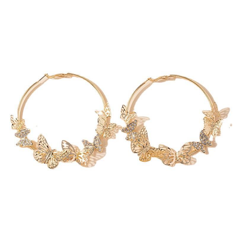 Stylish Golden Hoop Earrings, Exaggerated Butterfly Geometric Circle Loop