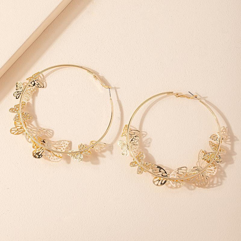 Stylish Golden Hoop Earrings, Exaggerated Butterfly Geometric Circle Loop