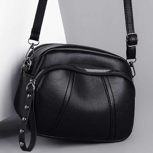 Women's Mobile Phone Bag with Rivet Zipper and Simple Soft Leather Shoulder Crossbody Small Square Bag
