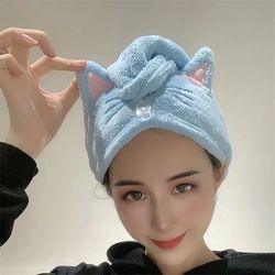 women wrap wiping hair towel, cute cat hair cap microfiber hair, towel strong water absorbent, towel long hair quick dry