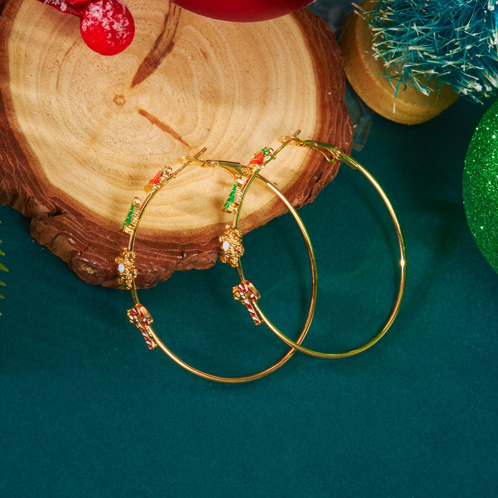 Holiday Dangle Earrings, Exaggerated Christmas Bell Tree Snowflake Hoop Earrings, Round Circle Earrings for Women
