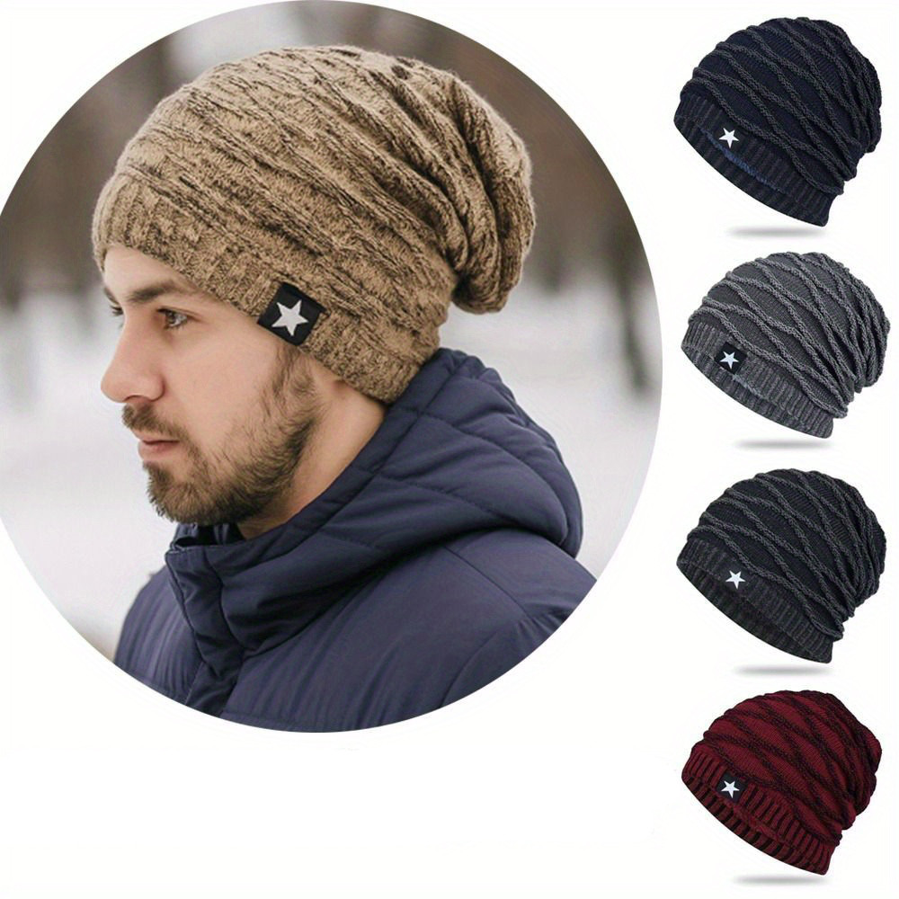 Fur Lined Winter Hat Men And Women Knitted Beanie Cap Casual Fivepointed Star Decor Winter Knitted 1