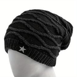 fur lined winter hat, men and women knitted beanie cap, casual five-pointed star decor winter knitted hat