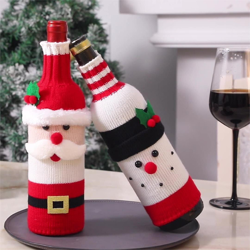 Cute Cartoon Santa Snowman Woven Wine Bottle Bags for Christmas, Home Table Christmas Party Dinner Table Decorations