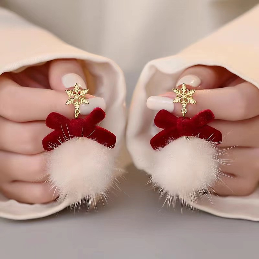 Cute Elk Snowman Long Earrings Red Flocking Bowknot Christmas Drop Earrings For Womenl Long Earring 9
