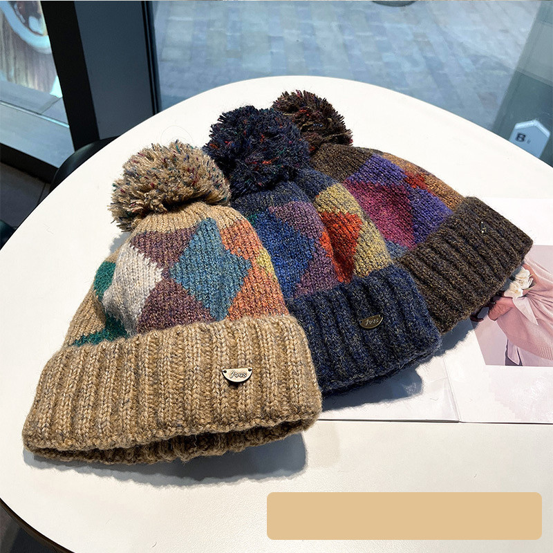 Winter Knitted Slouchy Hat For Women Warm Thick Colorblock Pom Pom Beanie Women Warm Thick Cable Ca 2