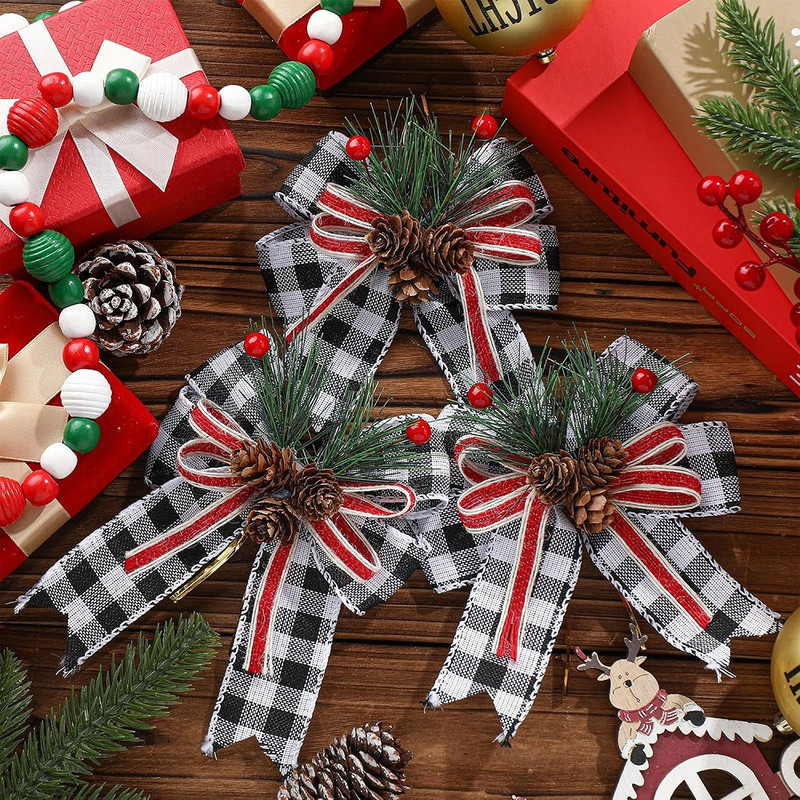 Chrismas Checkered Ribbon Bow Set With Pine Cones And Needles For Indoor And Outdoor Christmas Deco 0