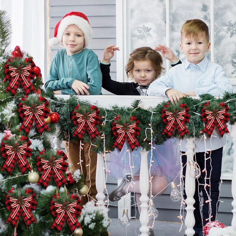 Chrismas Checkered Ribbon Bow Set With Pine Cones And Needles For Indoor And Outdoor Christmas Deco 1