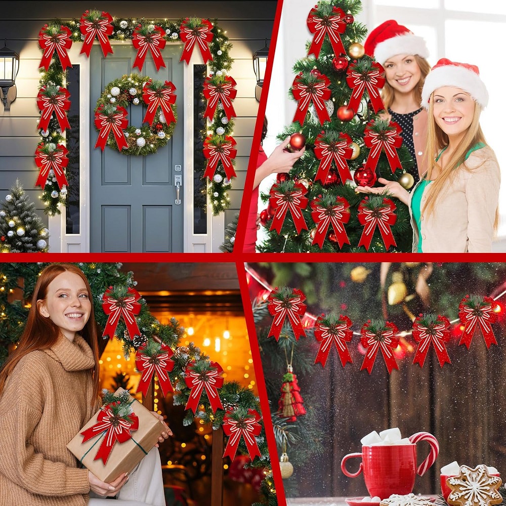 Chrismas Checkered Ribbon Bow Set With Pine Cones And Needles For Indoor And Outdoor Christmas Deco 2
