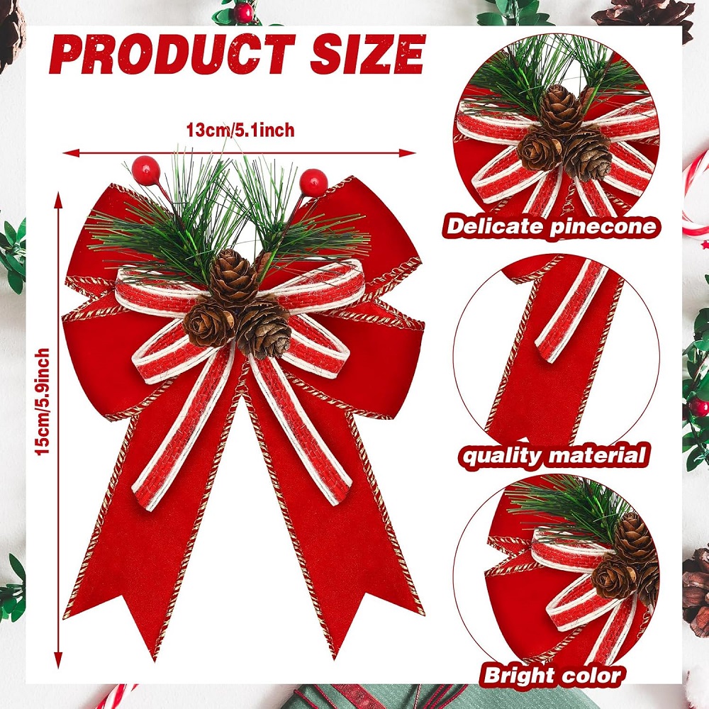 Chrismas Checkered Ribbon Bow Set With Pine Cones And Needles For Indoor And Outdoor Christmas Deco 3