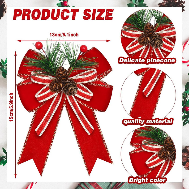 Chrismas Checkered Ribbon Bow Set With Pine Cones And Needles For Indoor And Outdoor Christmas Deco 3