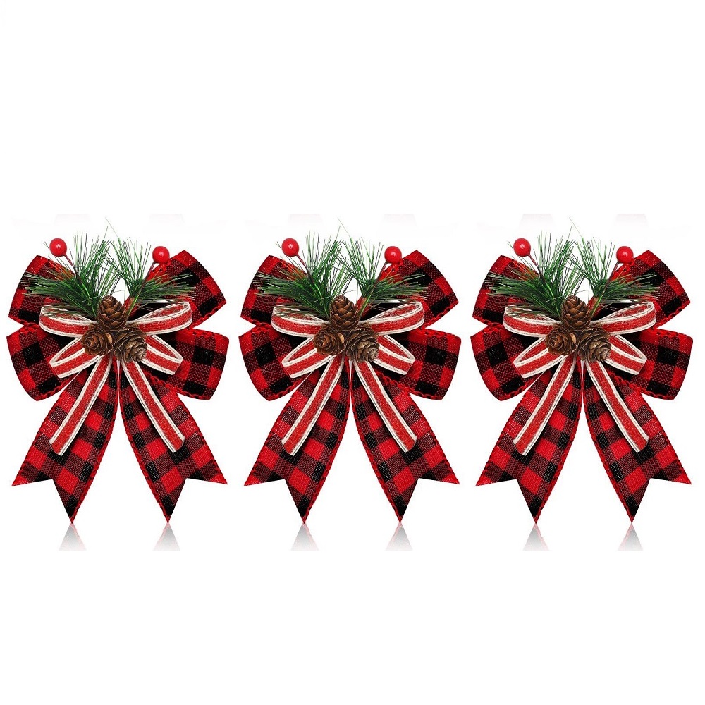 Chrismas Checkered Ribbon Bow Set With Pine Cones And Needles For Indoor And Outdoor Christmas Deco 6