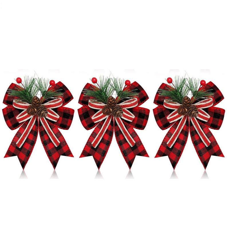 Chrismas Checkered Ribbon Bow Set With Pine Cones And Needles For Indoor And Outdoor Christmas Deco 6