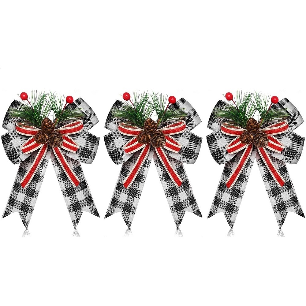 Chrismas Checkered Ribbon Bow Set With Pine Cones And Needles For Indoor And Outdoor Christmas Deco 8