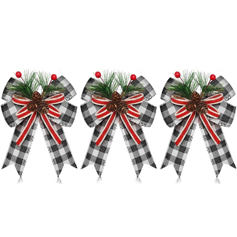 Chrismas Checkered Ribbon Bow Set With Pine Cones And Needles For Indoor And Outdoor Christmas Deco 8