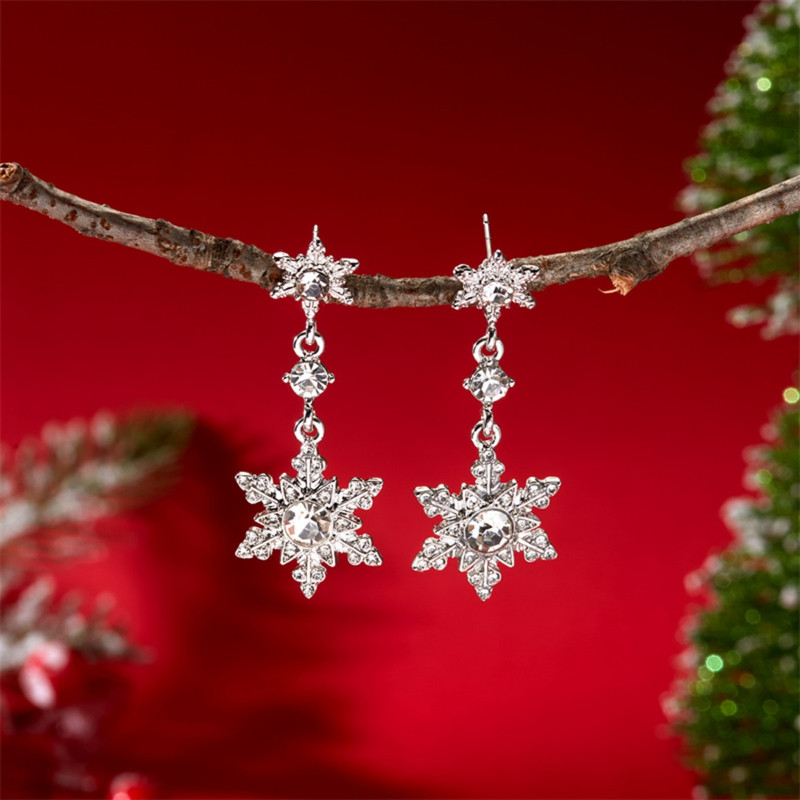 Luxury Shiny Zircon Snowflake Drop Dangle Earrings, Elegant New Year Holiday Jewelry Gift for Women
