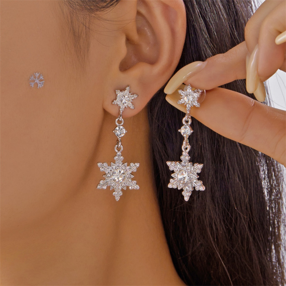Luxury Shiny Zircon Snowflake Drop Dangle Earrings, Elegant New Year Holiday Jewelry Gift for Women
