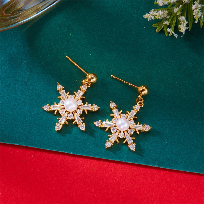 Luxury Shiny Zircon Snowflake Drop Dangle Earrings, Elegant New Year Holiday Jewelry Gift for Women