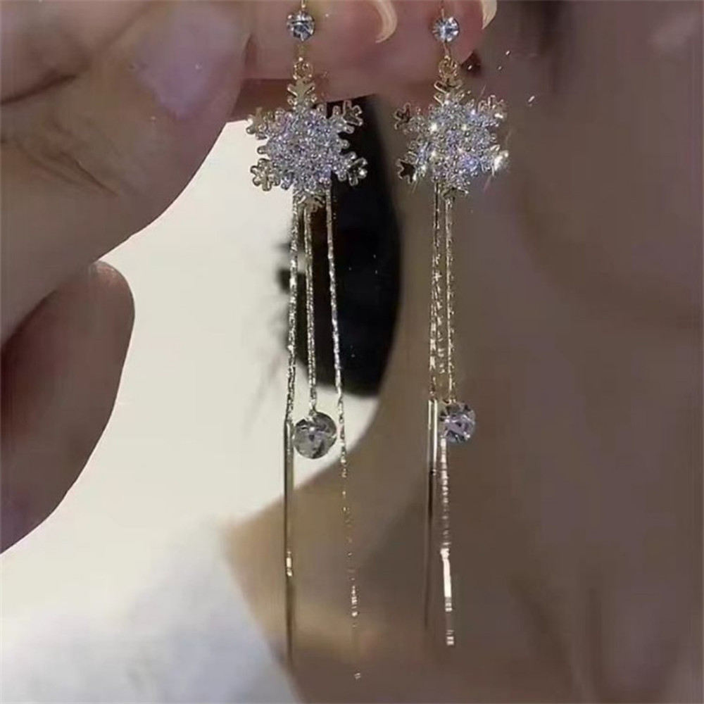 Long Fringe Drop Earrings with Snowflake Design, Full Zircon Inlaid for Women Snow Flower Ear Line For Women Men Jewelry