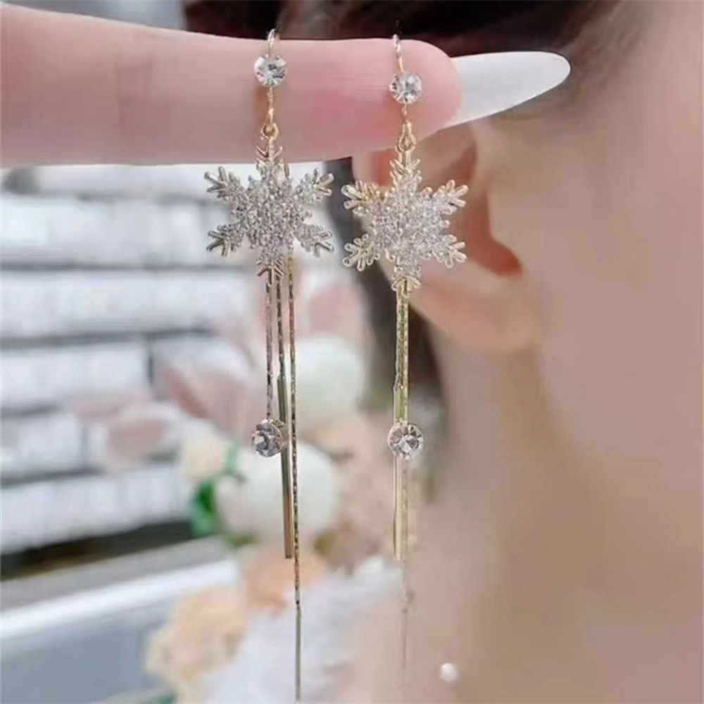 Long Fringe Drop Earrings with Snowflake Design, Full Zircon Inlaid for Women Snow Flower Ear Line For Women Men Jewelry