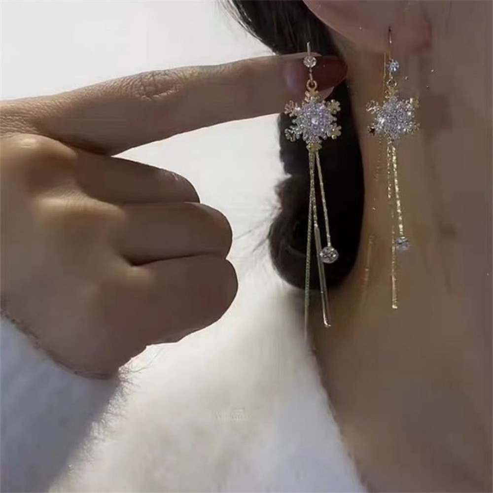 Long Fringe Drop Earrings with Snowflake Design, Full Zircon Inlaid for Women Snow Flower Ear Line For Women Men Jewelry