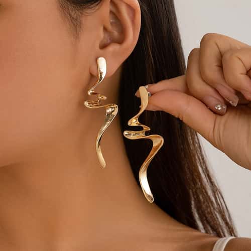 Twisted Long Drop Earrings for Women, Trending Geometric Gold Color Waves, IngeSight.Z Fashion Irregular Metal Jewelry