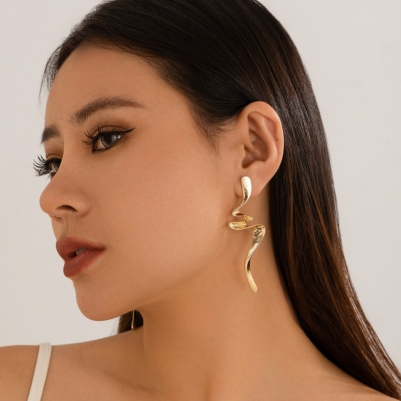 Twisted Long Drop Earrings for Women, Trending Geometric Gold Color Waves, IngeSight.Z Fashion Irregular Metal Jewelry