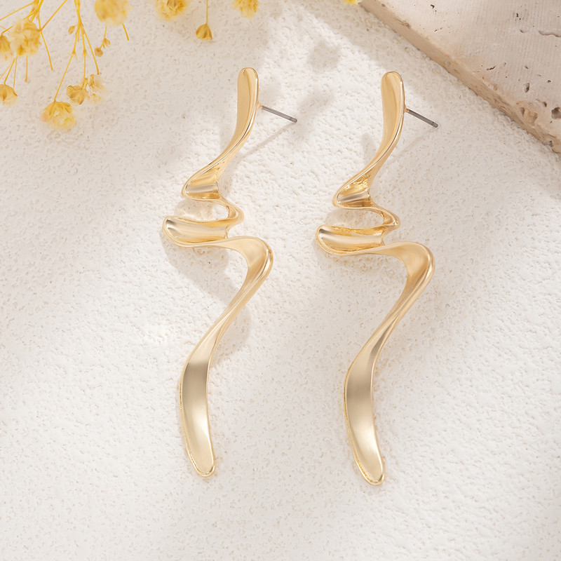 Twisted Long Drop Earrings for Women, Trending Geometric Gold Color Waves, IngeSight.Z Fashion Irregular Metal Jewelry