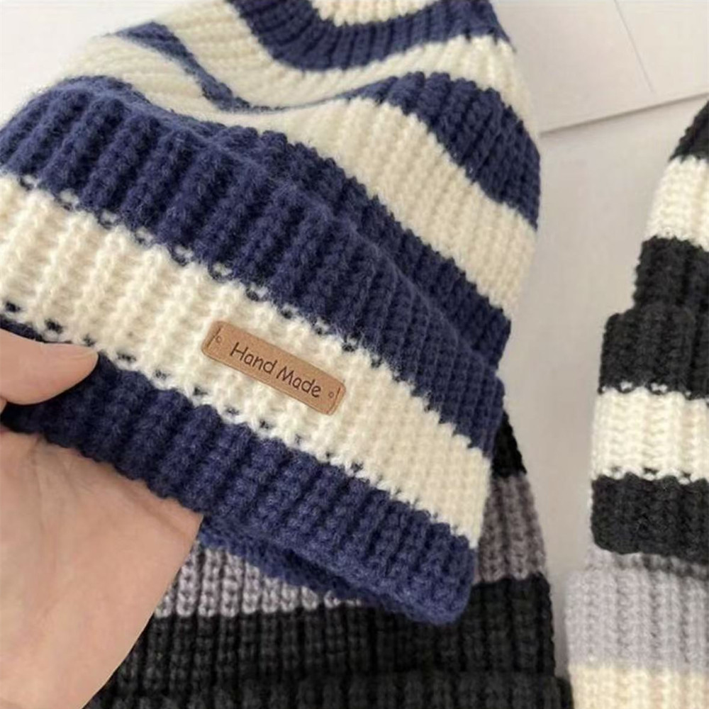 Fashion Stripe Stitching Beanie Hat Soft, Hot Sale Women Slouchy Winter Hat, Knit Hats Female Streetwear Cap Cozy Fit