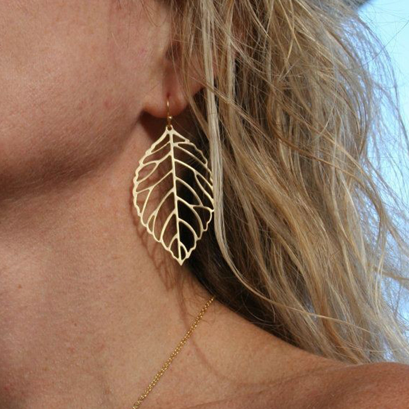 Trendy Ear Accessories with Brief Hollow Out Leaves Dangle Earrings, Vintage Silver Golden Color Jewelry