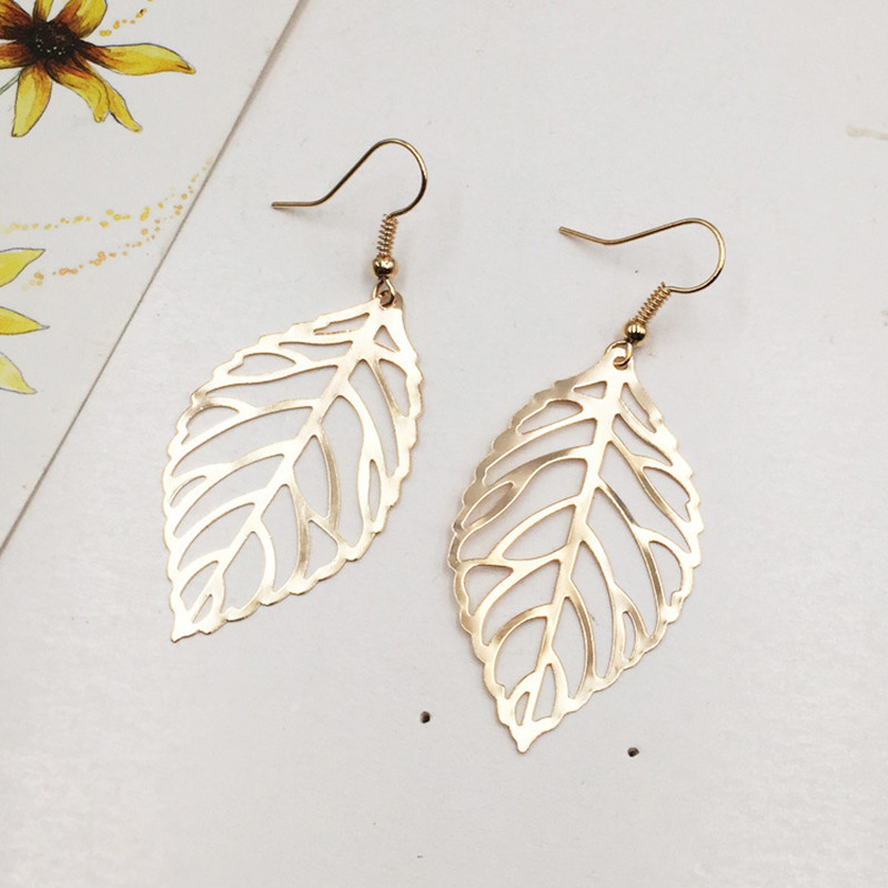 Trendy Ear Accessories with Brief Hollow Out Leaves Dangle Earrings, Vintage Silver Golden Color Jewelry